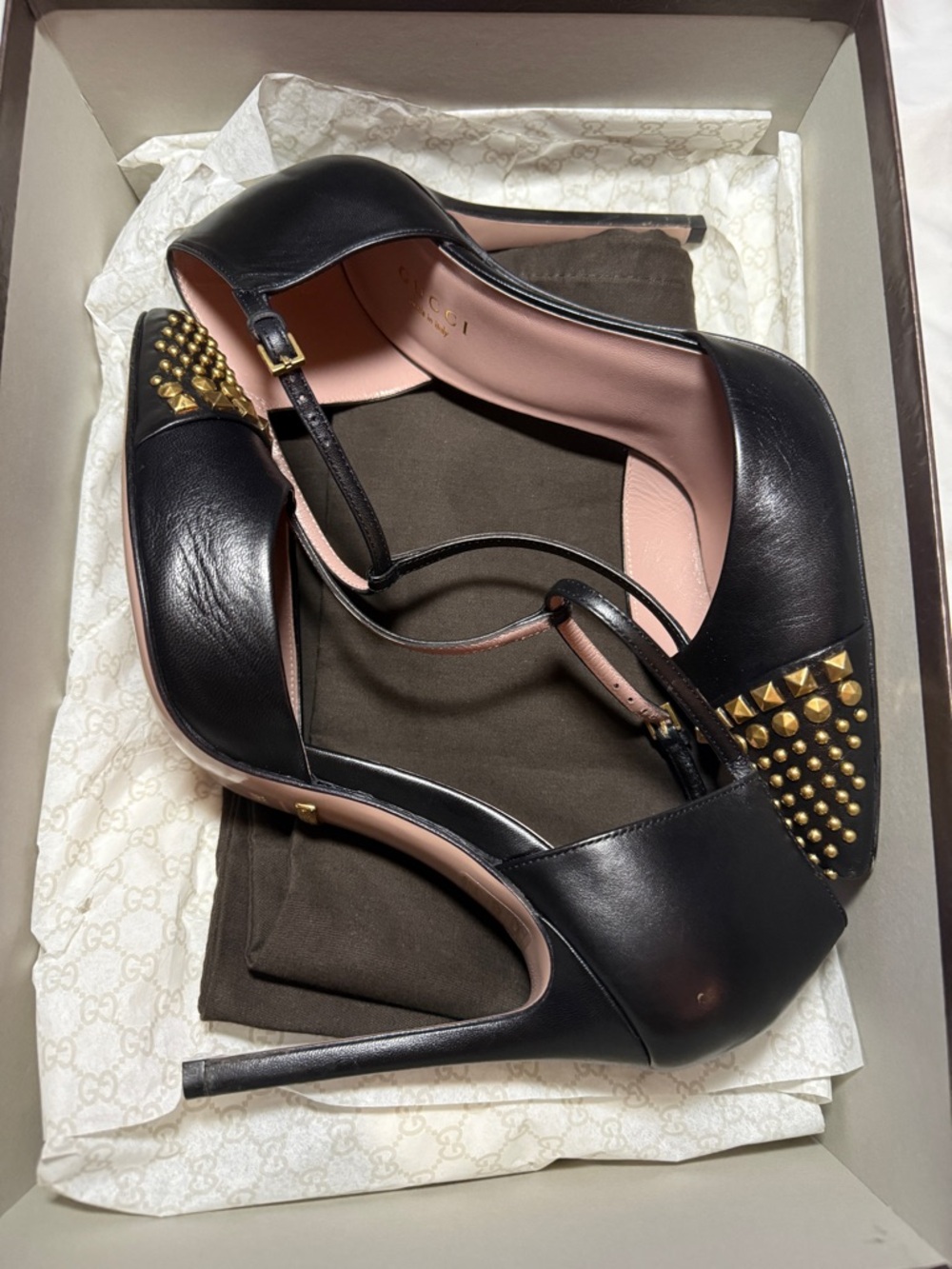 Gucci Black Leather T-Strap Pointed Heels with Gold Stud Embellishment - Picture 3 of 5